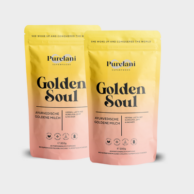 Golden Soul, Ayurvedische goldene Milch | Herbal Latte mit Kurkuma, Zimt & Ingwer von Purelani Superfoods, Golden Soul, für mehr Entspannung und besseren Schlaf, 2er Set