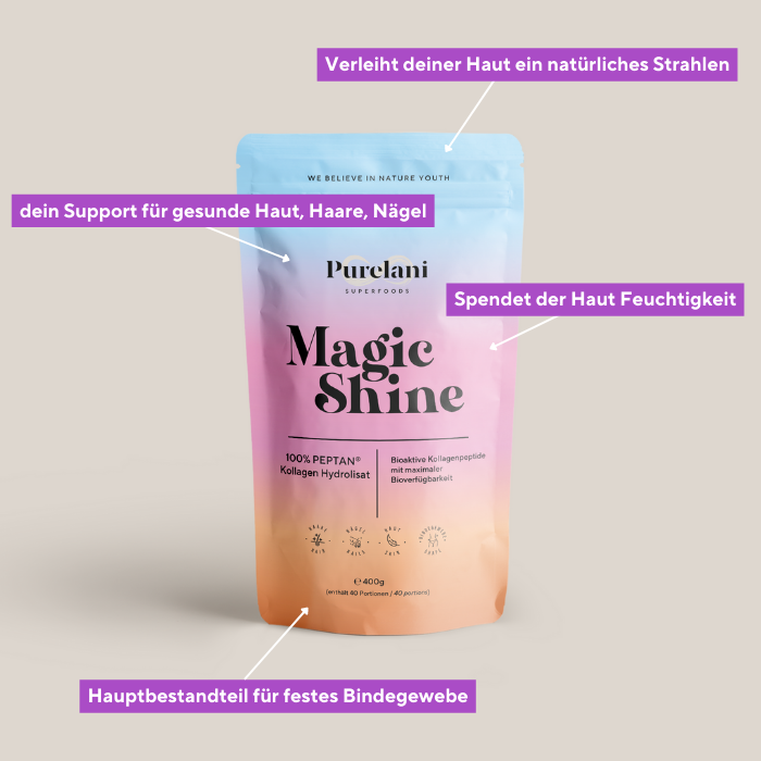 Magic Shine 100% PEPTAN® Kollagen Hydrolisat. Bioaktive Kollagenpeptide mit maximaler Bioverfügbarkeit von Purelani Superfoods. Spendet der Haut Feuchtigkeit, Support für Haut, Haare, Nägel, Hauptbestandteil für festes Bindegewebe. 